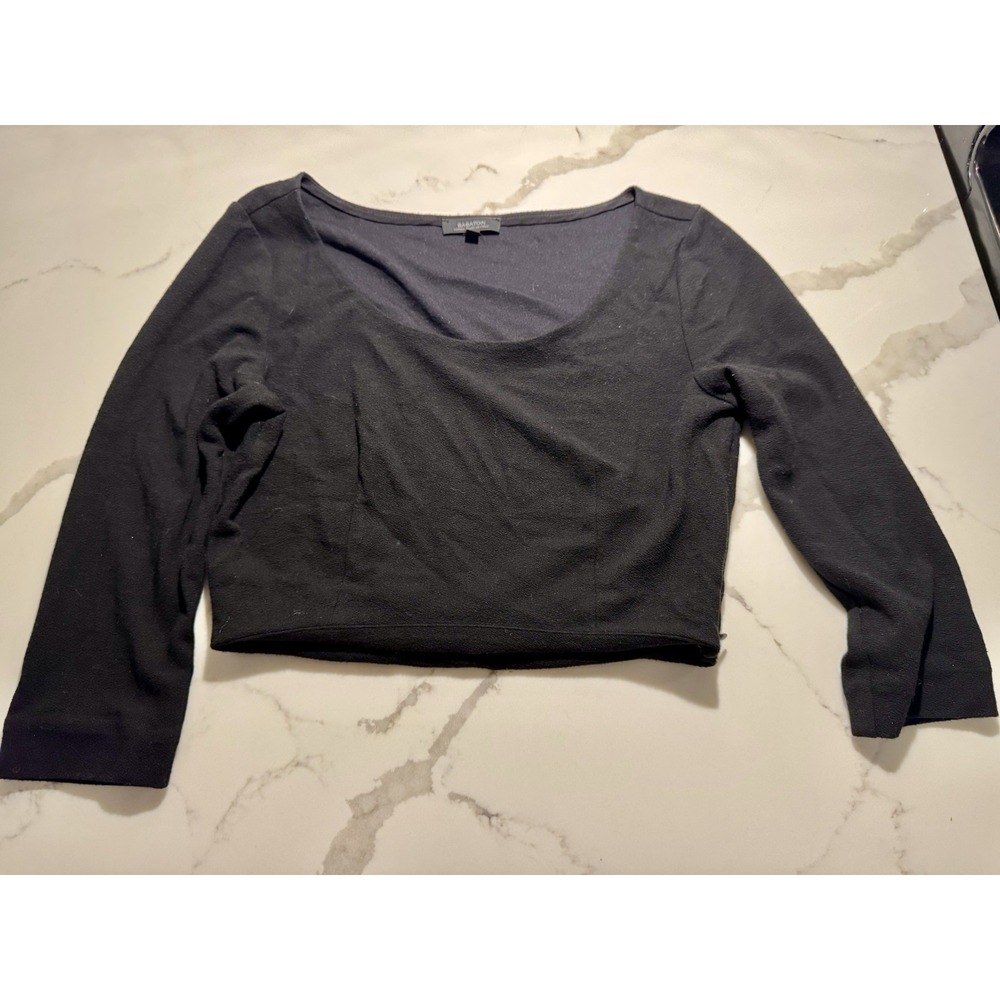 Aritzia Babaton Cropped Long Sleeve Shirt Sz XS Black Fabric Italy Minimalist